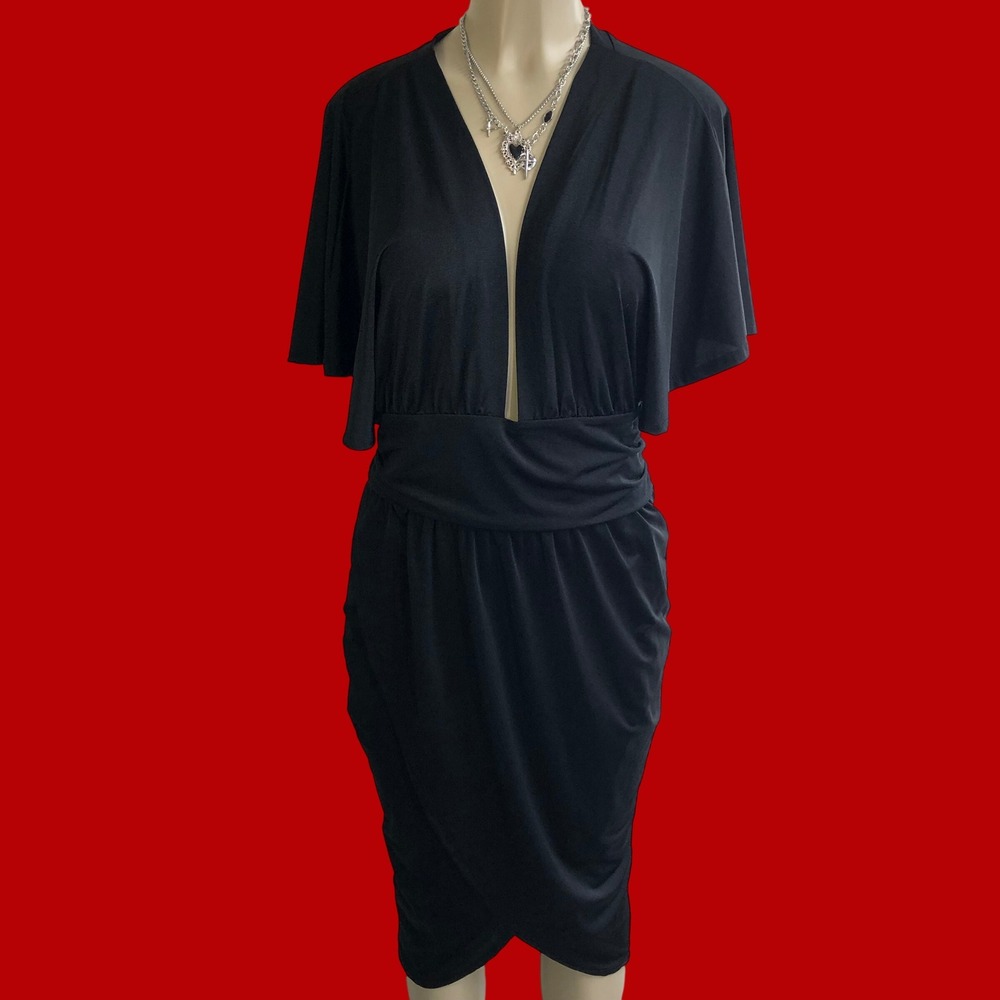 NWT Revamped Black Plunge V Neck Capelet Sleeve Tulip Midi Dress XL Gothglam